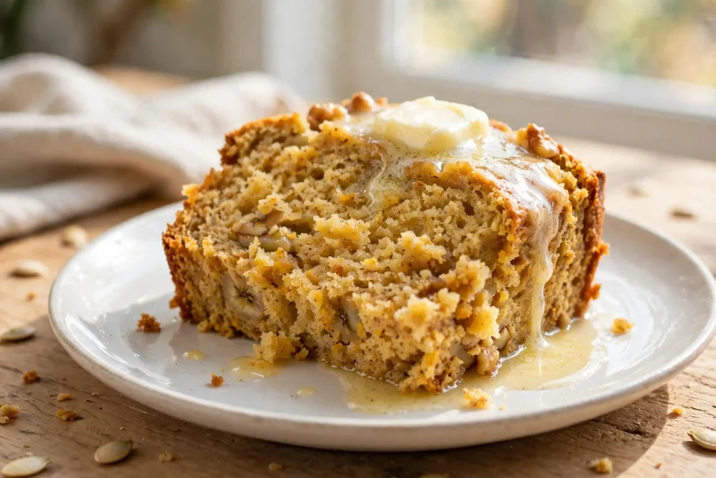 Pumpkin Banana Bread 4 slice of pumpkin banana bread with melting butter on top