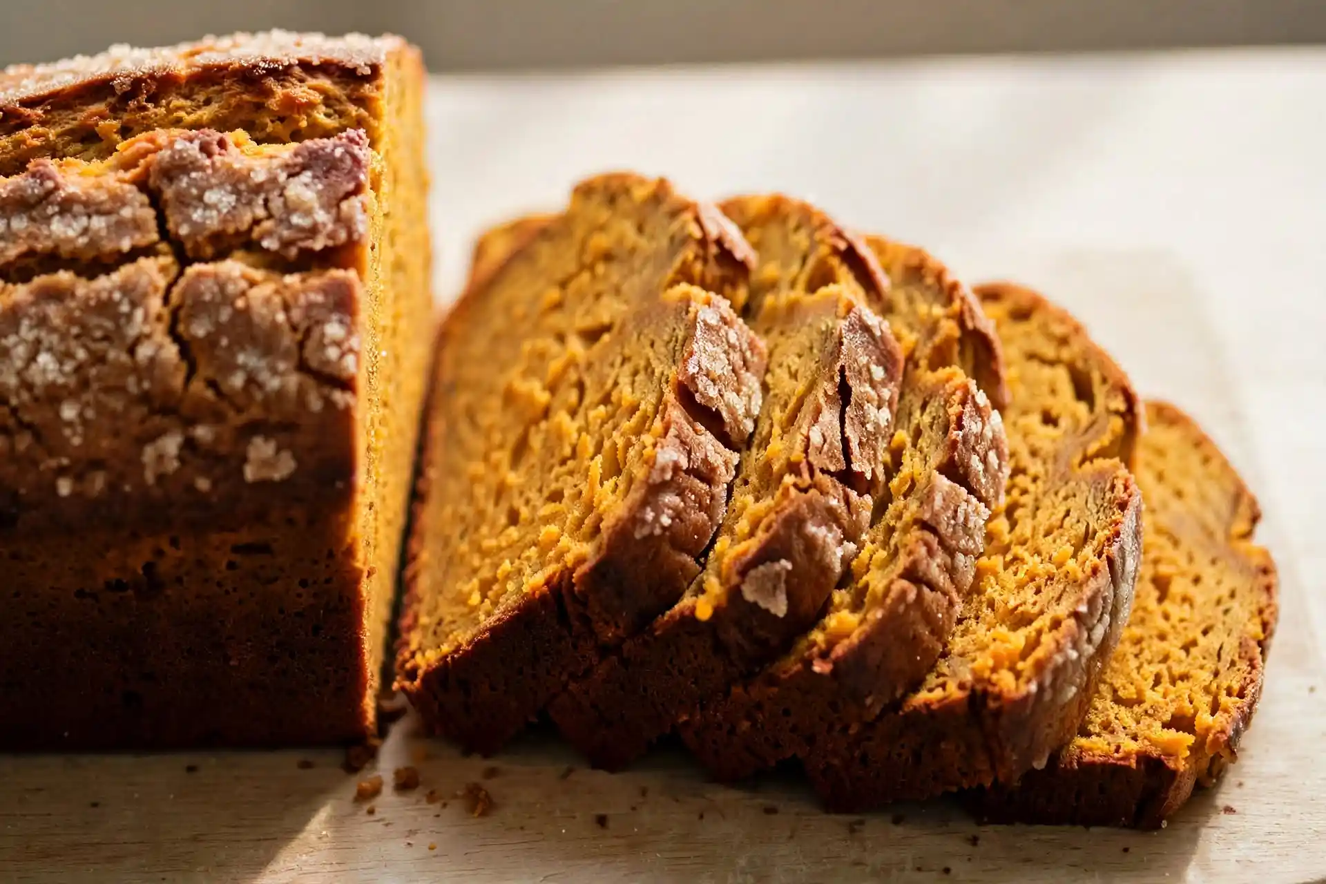 Sliced pumpkin bread loaf with a crackly sugared top and visible spiced crumb on a wooden cutting board