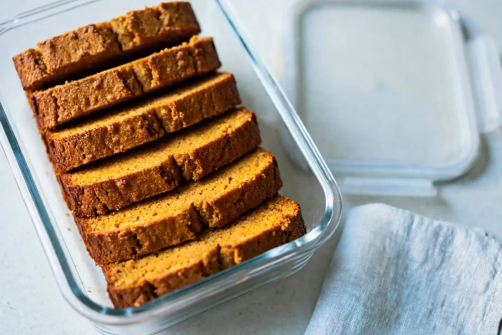 Sliced pumpkin bread stored in an airtight container with parchment paper between the slices