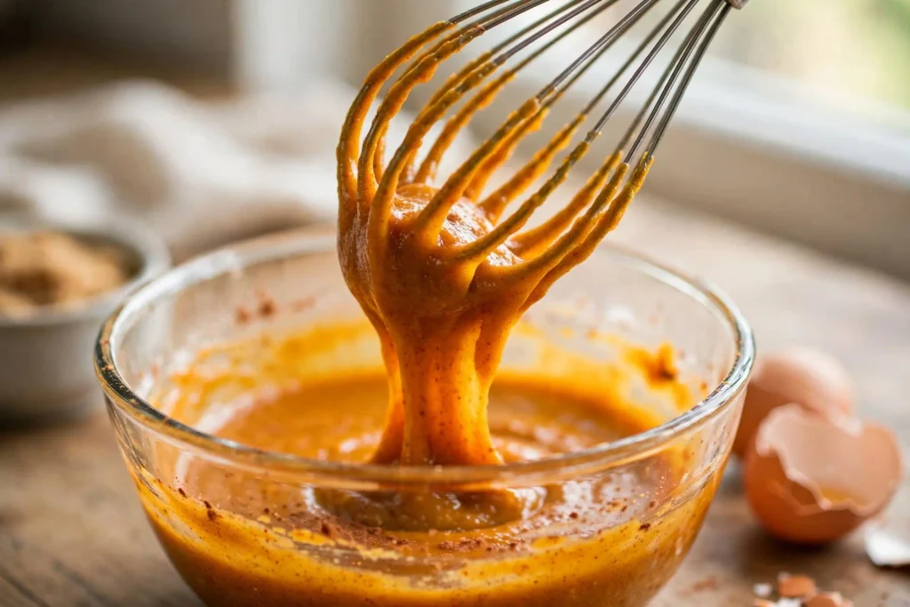 Pumpkin puree, eggs, and sugar whisked together in a glass bowl for pumpkin bread batter