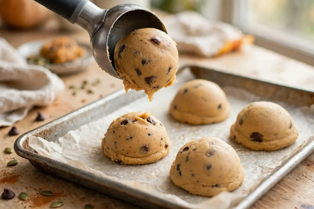 Pumpkin Chocolate Chip Cookies 3 Pumpkin cookie dough being scooped onto a lined baking sheet