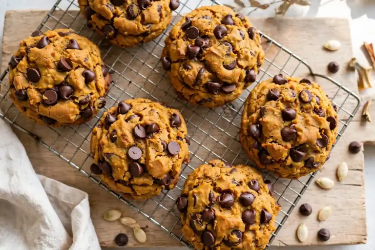 Pumpkin Chocolate Chip Cookies 2 Thick pumpkin chocolate chip cookies cooling on a wire rack with visible chips