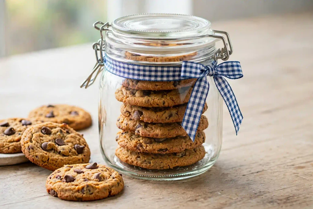 Pumpkin Chocolate Chip Cookies 4 Pumpkin chocolate chip cookies stacked in a storage container with a lid nearby