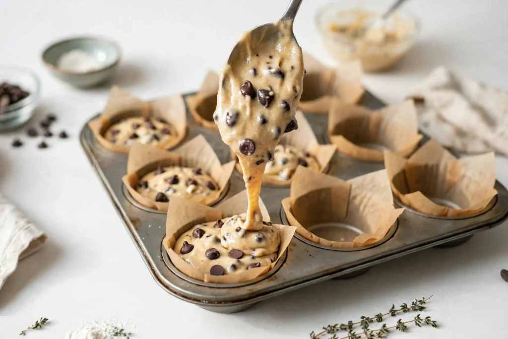 Pumpkin Chocolate Chip Muffins 3 pumpkin chocolate chip muffins filling tin step