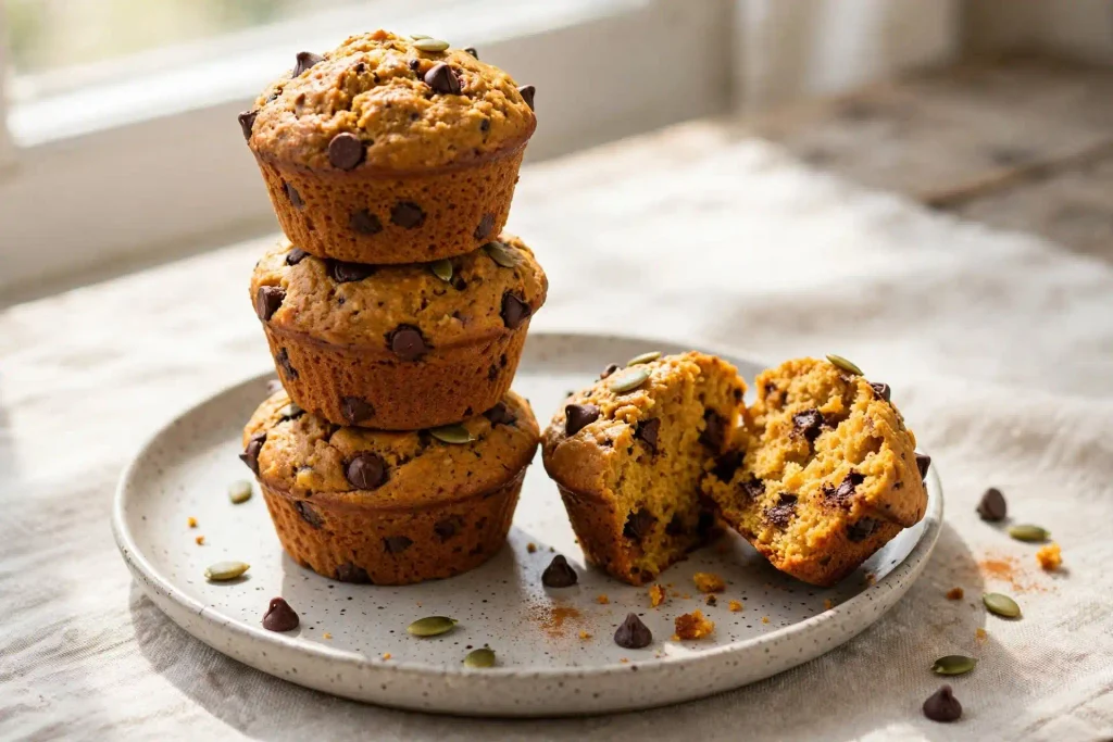 Pumpkin Chocolate Chip Muffins 4 stack of pumpkin chocolate chip muffins with one split open showing moist interior