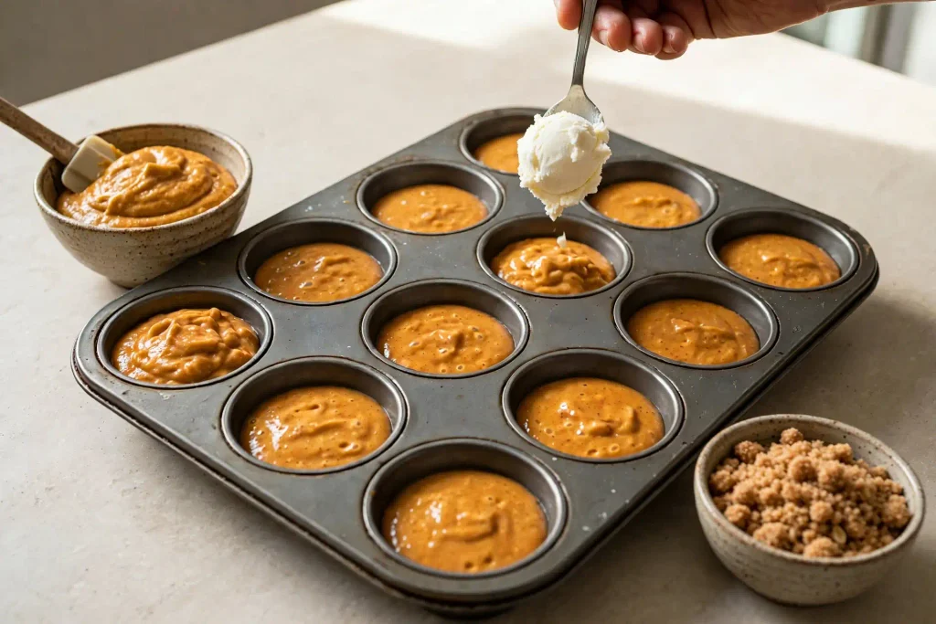Pumpkin Cream Cheese Muffins 3 placing frozen cream cheese filling onto pumpkin batter in a muffin tin