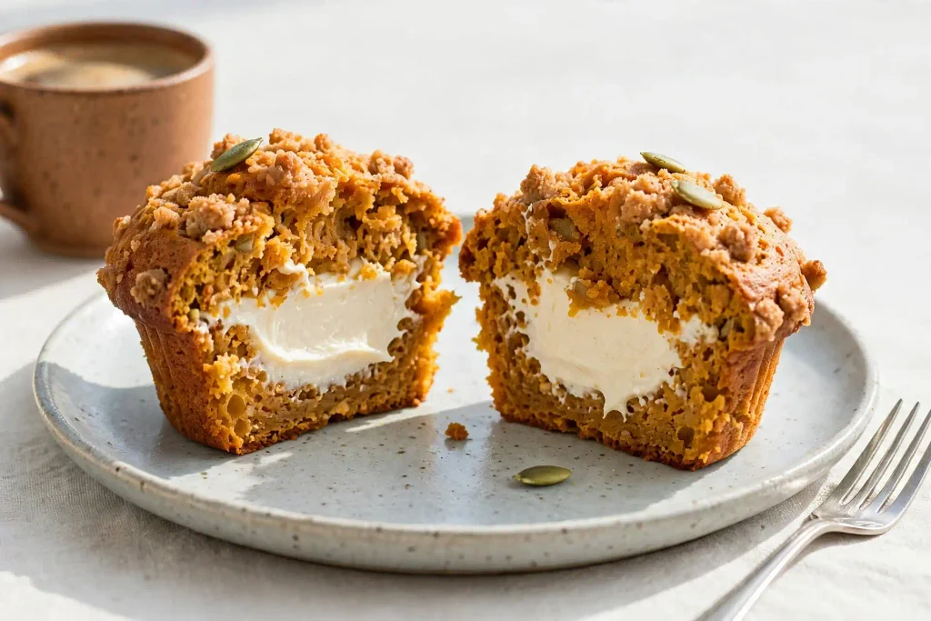 Pumpkin Cream Cheese Muffins 4 pumpkin cream cheese muffin split in half showing the cream cheese center