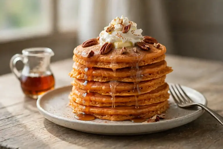 Pumpkin Pancakes 5 Stack of fluffy pumpkin pancakes topped with a pat of melting butter and maple syrup on a plate