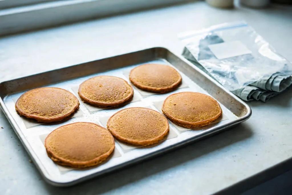 Pumpkin Pancakes 5 Pumpkin pancakes stacked with parchment paper between layers for freezer storage