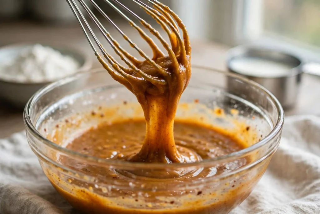 Pumpkin Pancakes 3 Pumpkin puree and eggs whisked together in a glass bowl for pumpkin pancake batter