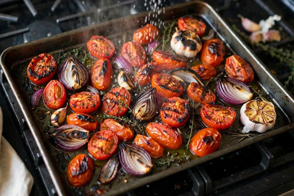 Roasted Tomato Soup 3 roasted tomatoes, onion, and garlic on a sheet pan with charred edges