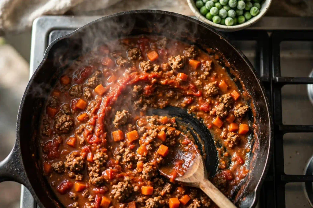 Ground lamb, carrots, and tomato paste simmering in a thick savory gravy for shepherd’s pie