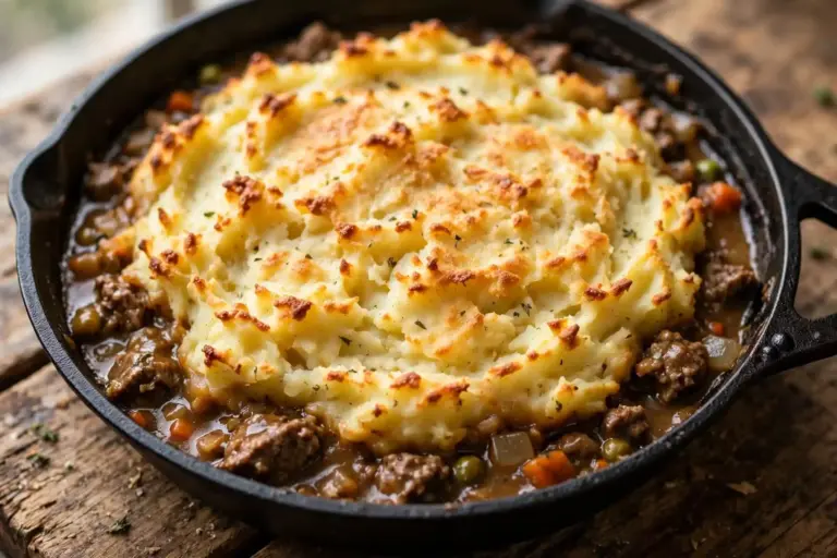 Shepherd’s pie with golden mashed potato topping and bubbling lamb filling in a cast iron skillet