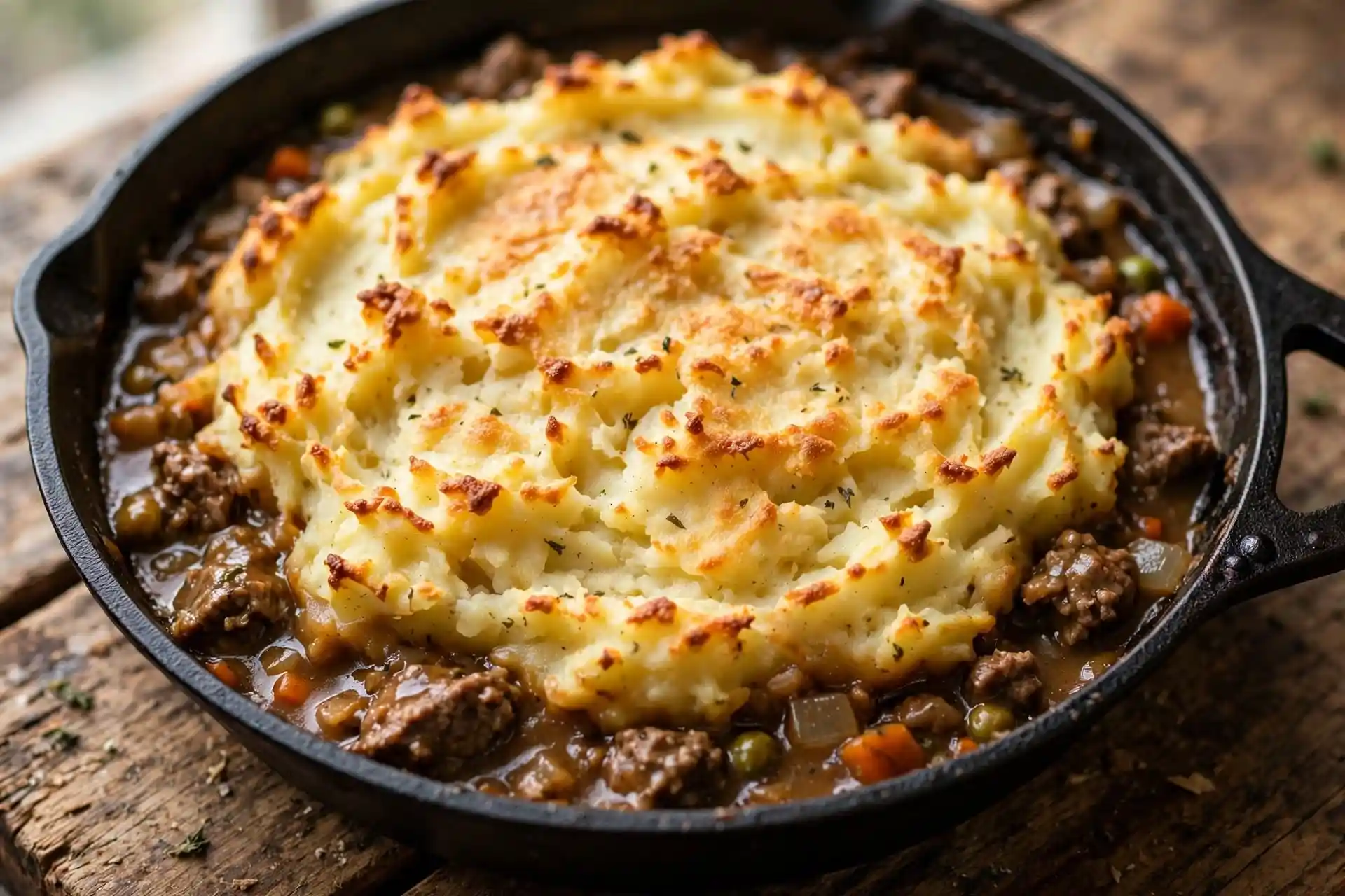 Shepherd’s pie with golden mashed potato topping and bubbling lamb filling in a cast iron skillet