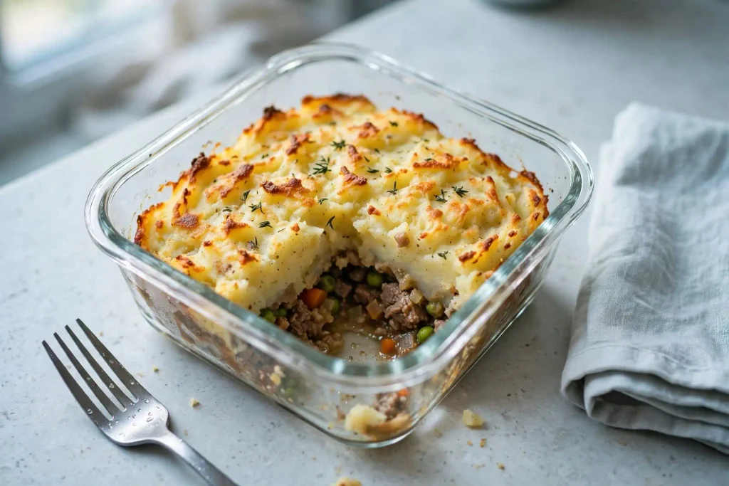 Leftover shepherd’s pie portioned into a glass meal prep container with mashed potato topping visible