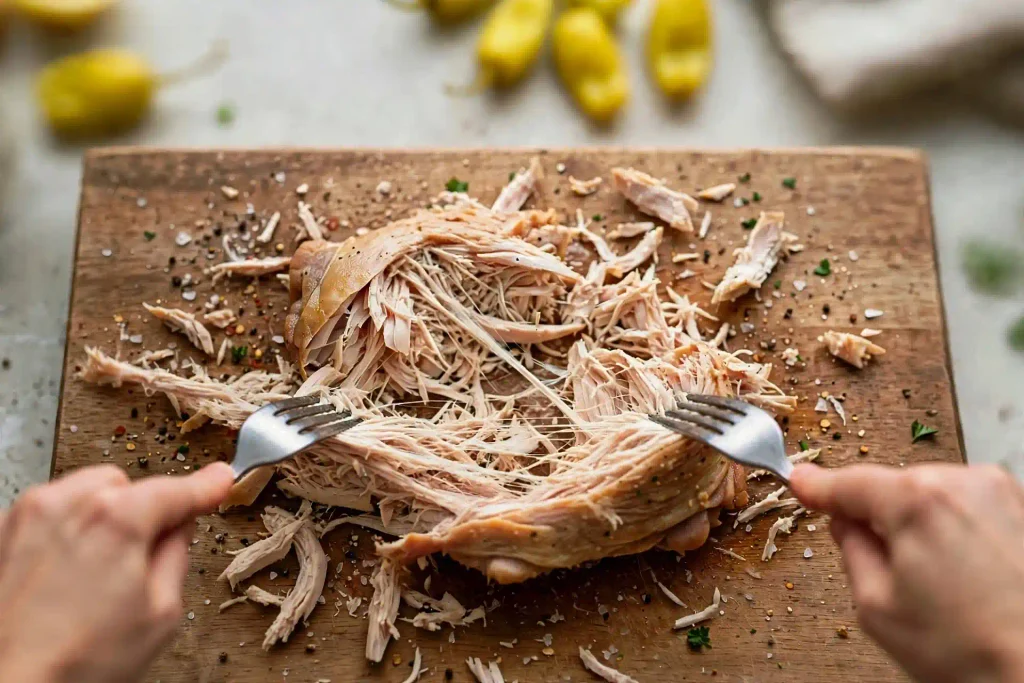 Mississippi Chicken 3 Two forks shredding tender slow cooked Mississippi chicken thighs on a cutting board.