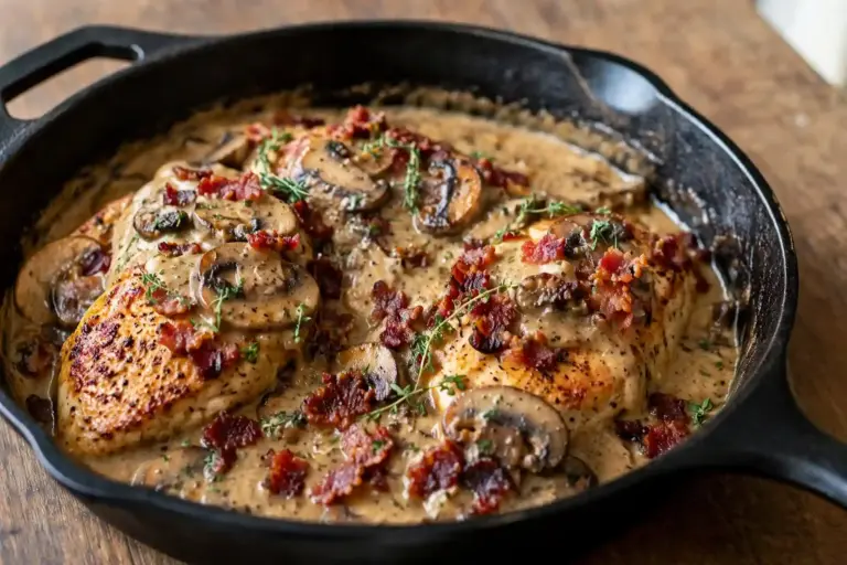 Smothered chicken breasts covered in thick mushroom onion gravy with crispy bacon pieces in a cast iron skillet