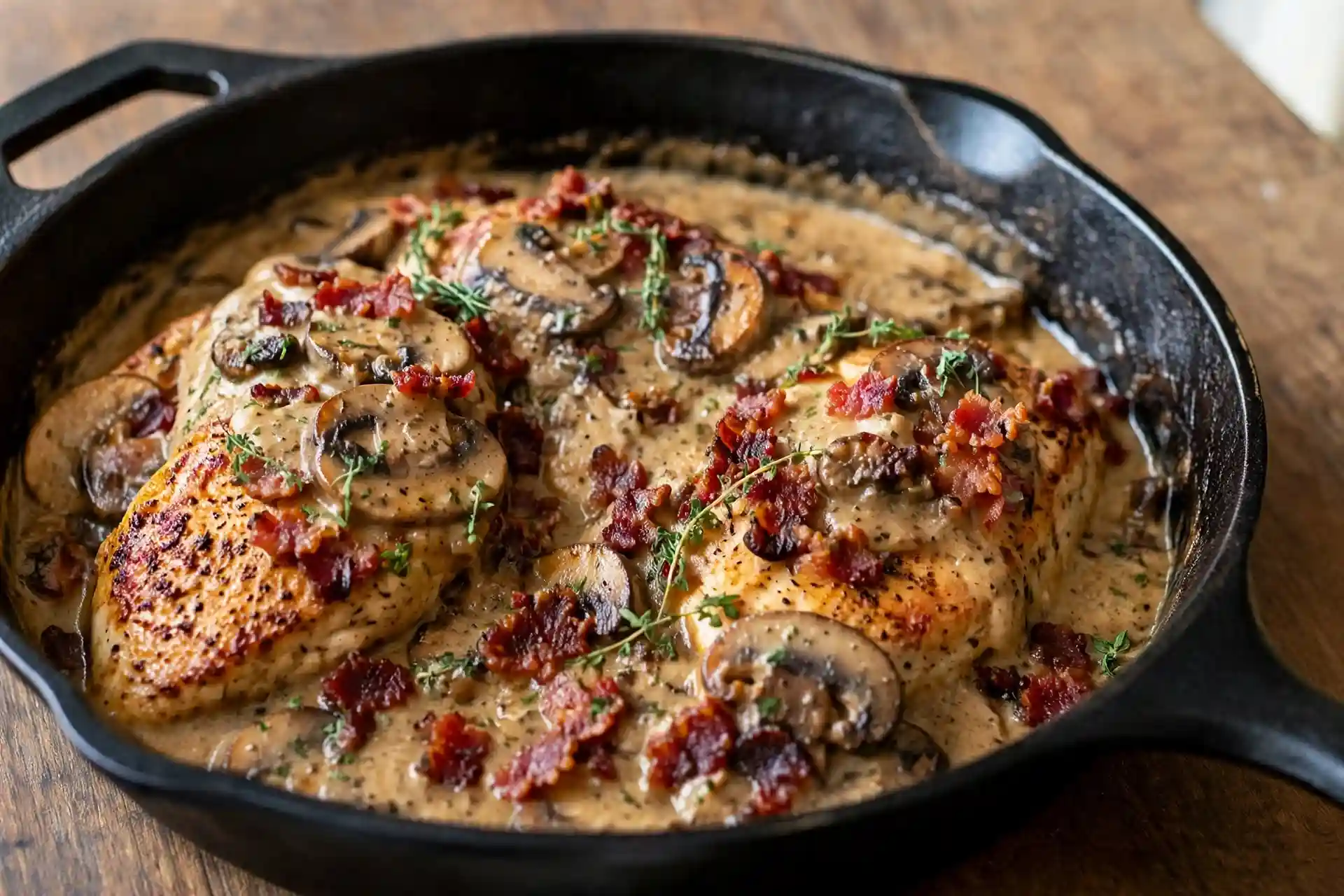 Smothered chicken breasts covered in thick mushroom onion gravy with crispy bacon pieces in a cast iron skillet