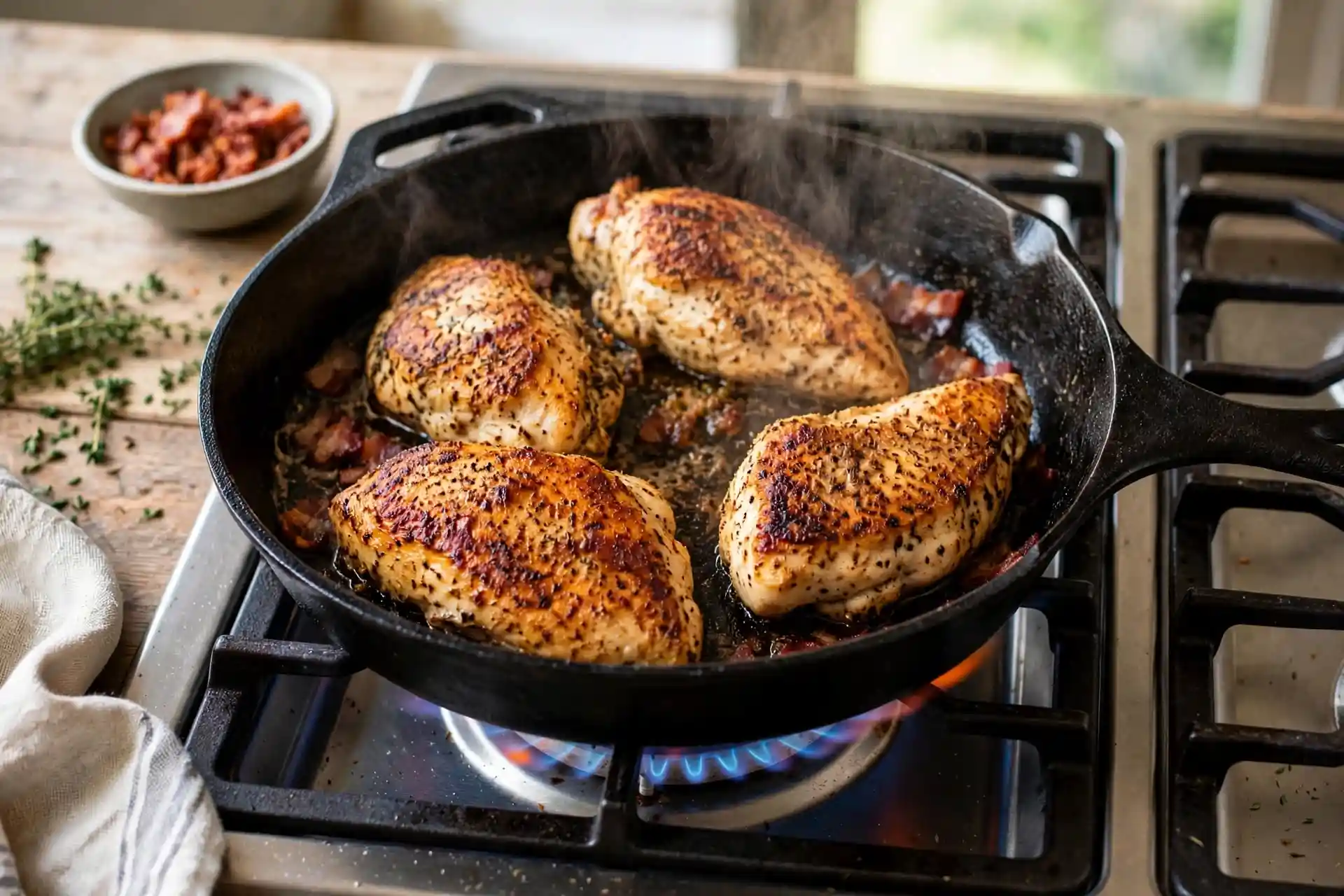 Seasoned chicken breasts searing in bacon fat in a cast iron skillet, developing a golden brown crust