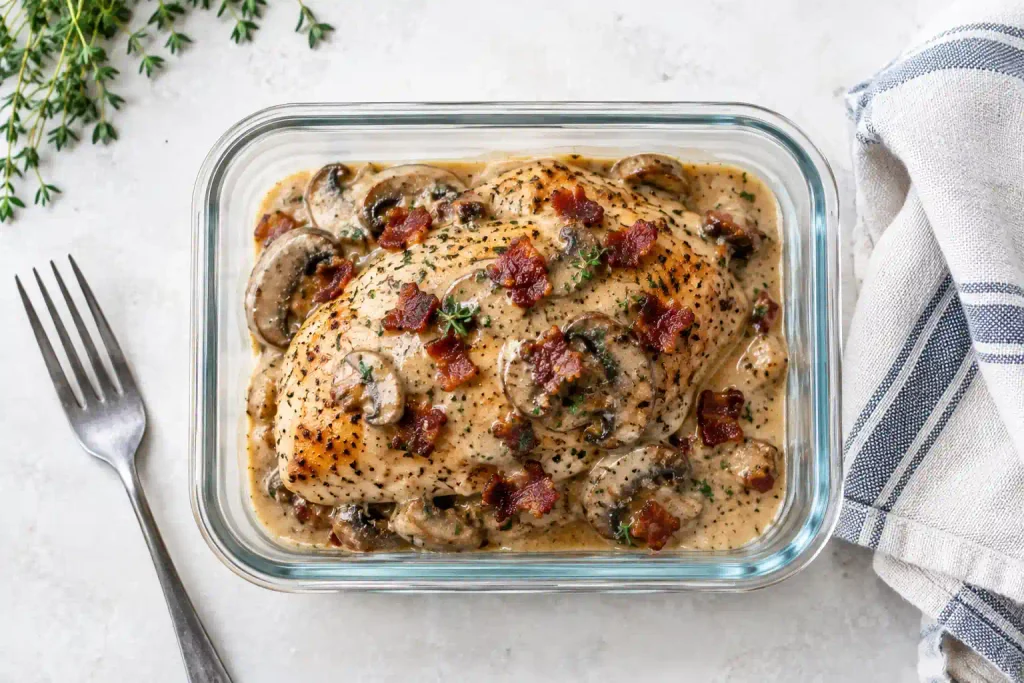 Leftover smothered chicken with mushroom gravy stored in a glass meal prep container