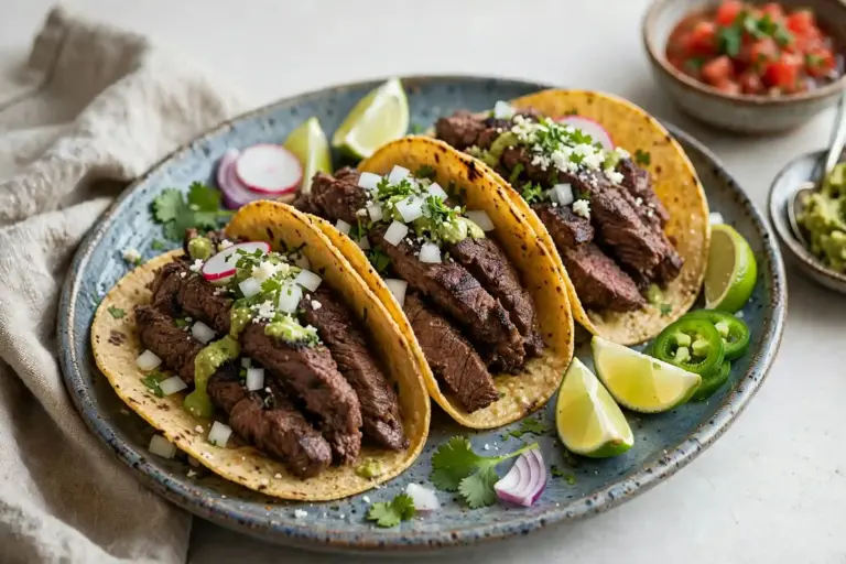 Steak Tacos 7 sliced steak tacos on corn tortillas with cilantro and onion, overhead shot on platter