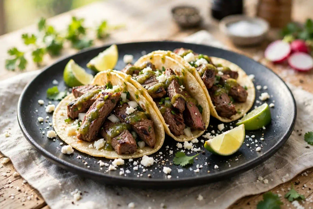 Steak Tacos 4 steak tacos plated serving