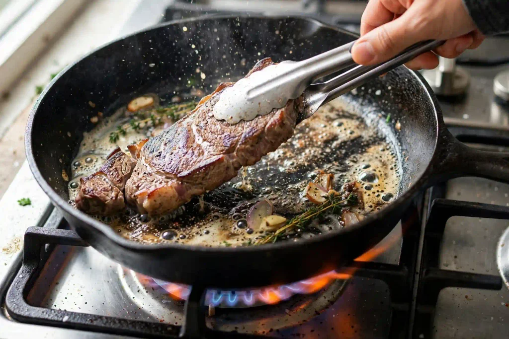 Steak Tacos 3 skirt steak searing in cast iron skillet with golden brown crust forming