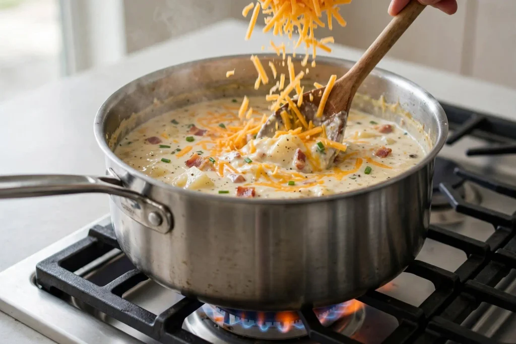 Loaded Baked Potato Soup 3 Shredded cheddar stirring into creamy loaded baked potato soup in a heavy pot off the heat.