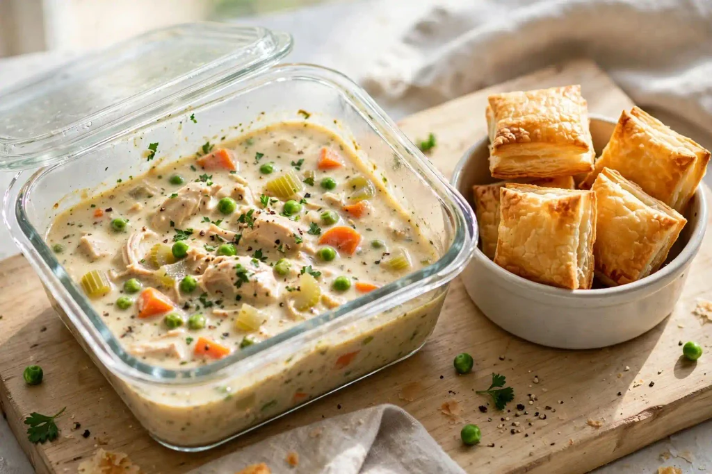 storing chicken pot pie soup and pastry