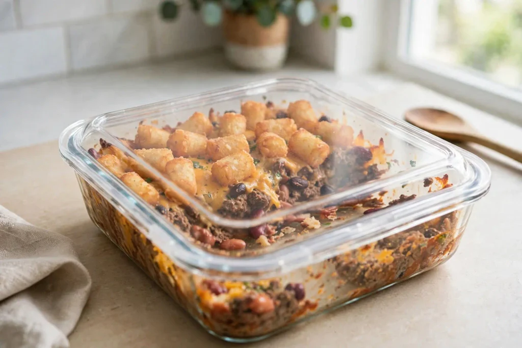 Cowboy Casserole 4 Leftover cowboy casserole in an airtight glass container, ready for the refrigerator and a weekday lunch.