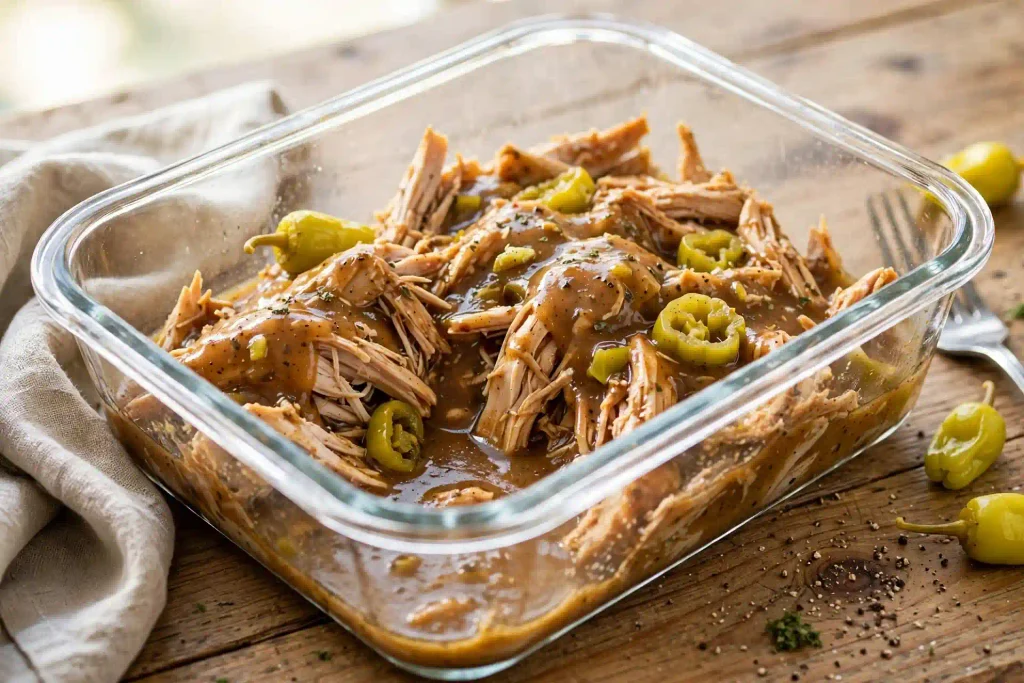 Mississippi Chicken 4 Shredded Mississippi chicken in gravy stored in a glass container for weekday meal prep.