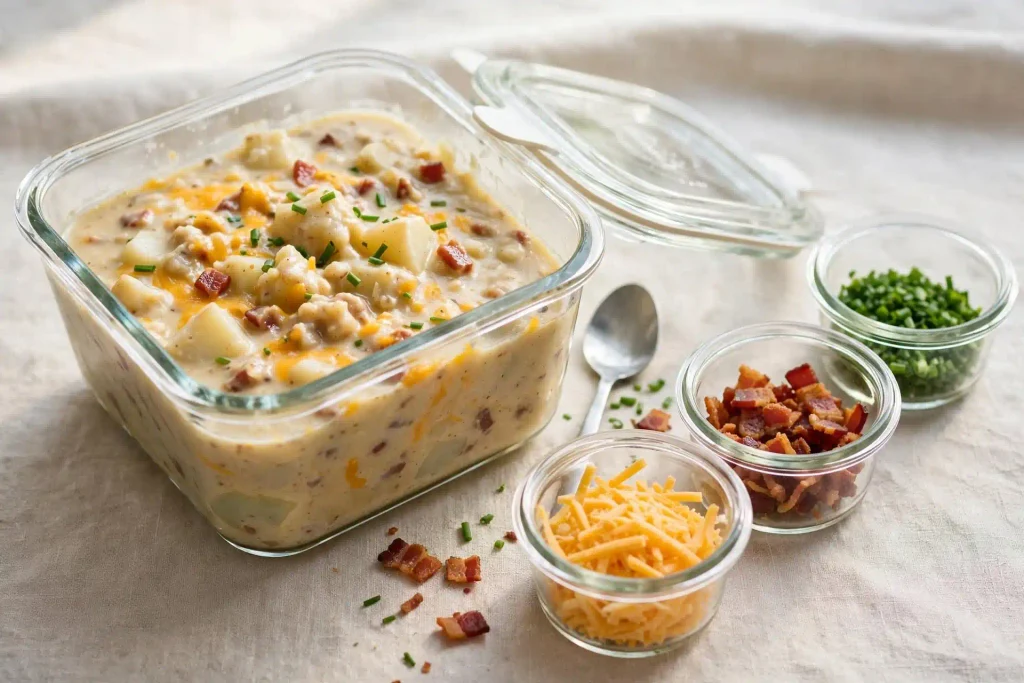 Loaded Baked Potato Soup 4 Leftover loaded baked potato soup in an airtight glass container with toppings stored separately for later.