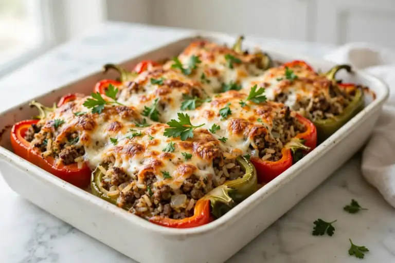 Stuffed Pepper Casserole 2 stuffed pepper casserole with melted cheese and diced bell peppers in a baking dish, overhead shot