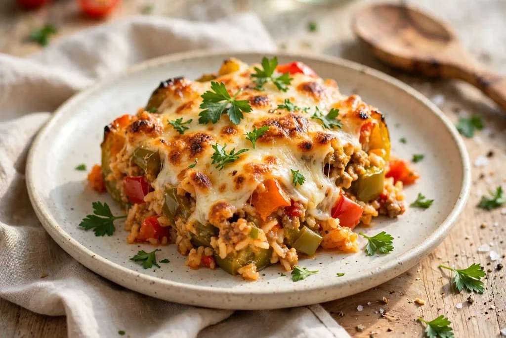 Stuffed Pepper Casserole 4 plated serving of stuffed pepper casserole with melted cheese and parsley garnish
