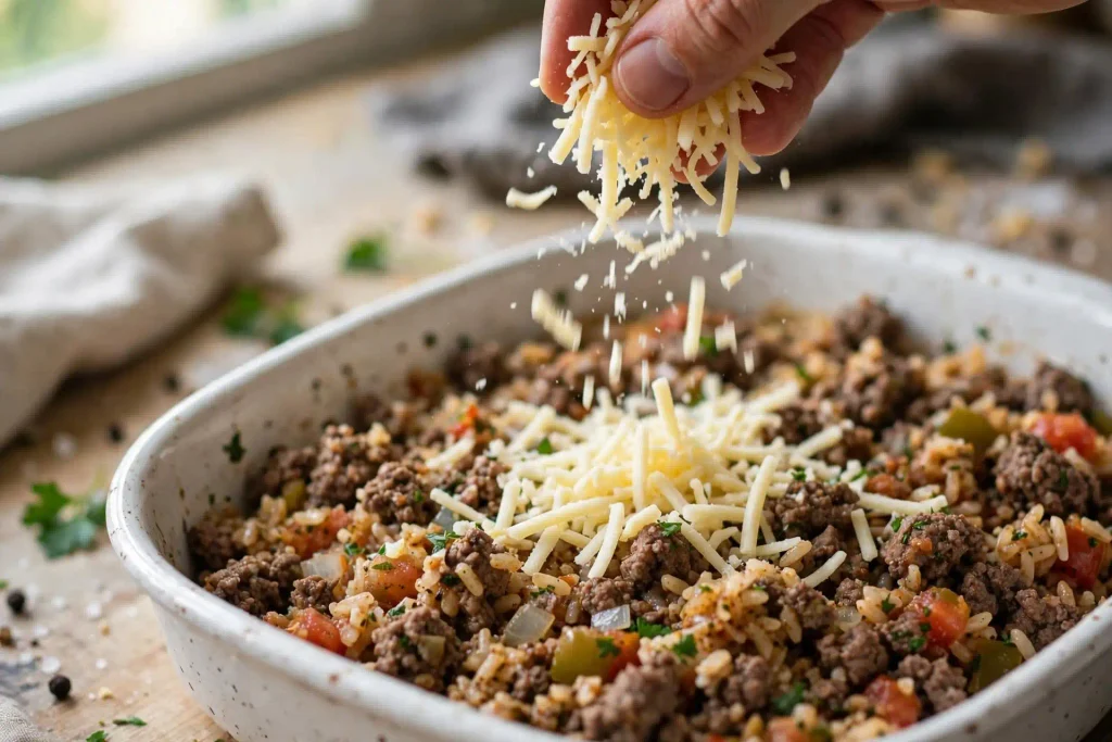 Stuffed Pepper Casserole 3 sprinkling shredded cheese over stuffed pepper casserole filling before baking