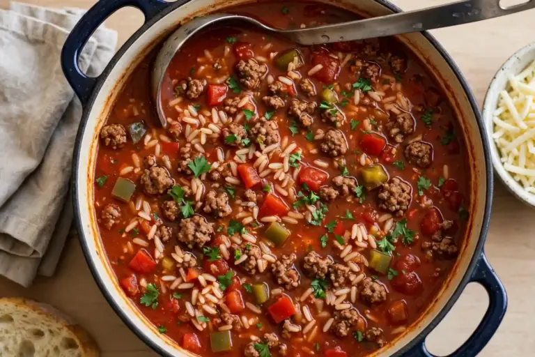 Dutch oven of stuffed pepper soup with ground beef, rice, and diced red and green bell peppers in tomato broth