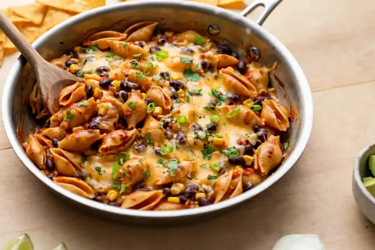 Skillet of cheesy ground beef taco pasta with cilantro and scallions, ready to serve at the table