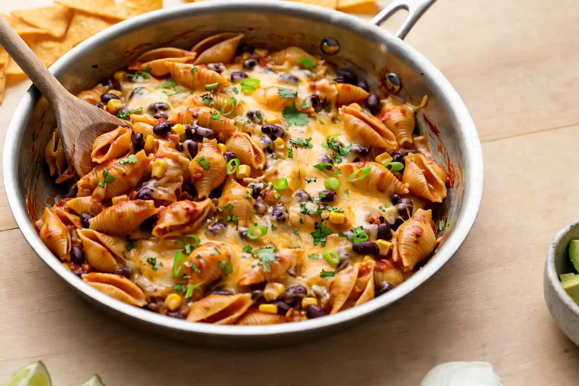 Taco Pasta 5 Skillet of cheesy ground beef taco pasta with cilantro and scallions, ready to serve at the table