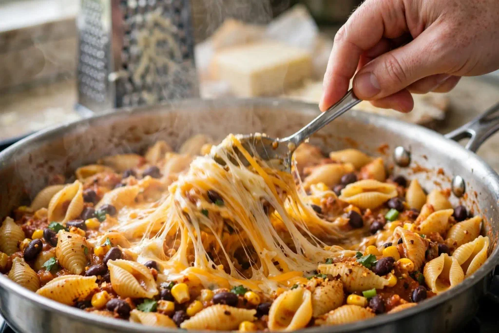 Taco Pasta 3 Cheddar and Monterey Jack stirred into a skillet of taco pasta with beef and black beans on a kitchen counter