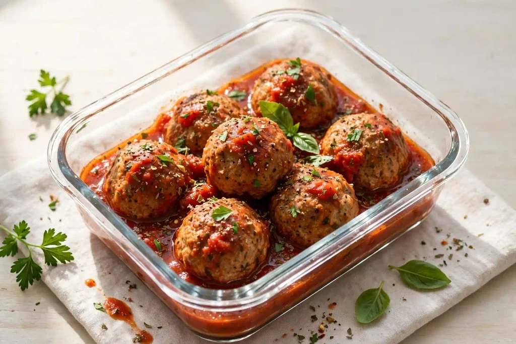 Turkey Meatballs 4 Turkey meatballs and sauce stored in a glass meal prep container
