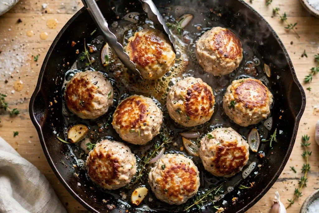 Turkey Meatballs 3 Turkey meatballs searing in a skillet with golden brown crust forming