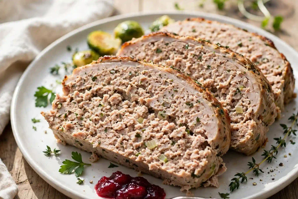 Turkey Meatloaf 4 sliced turkey meatloaf on a plate showing moist interior and glazed crust