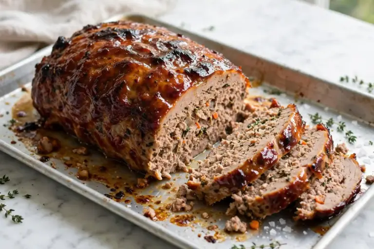 Turkey Meatloaf 7 whole glazed turkey meatloaf on a sheet pan with caramelized crust, overhead shot