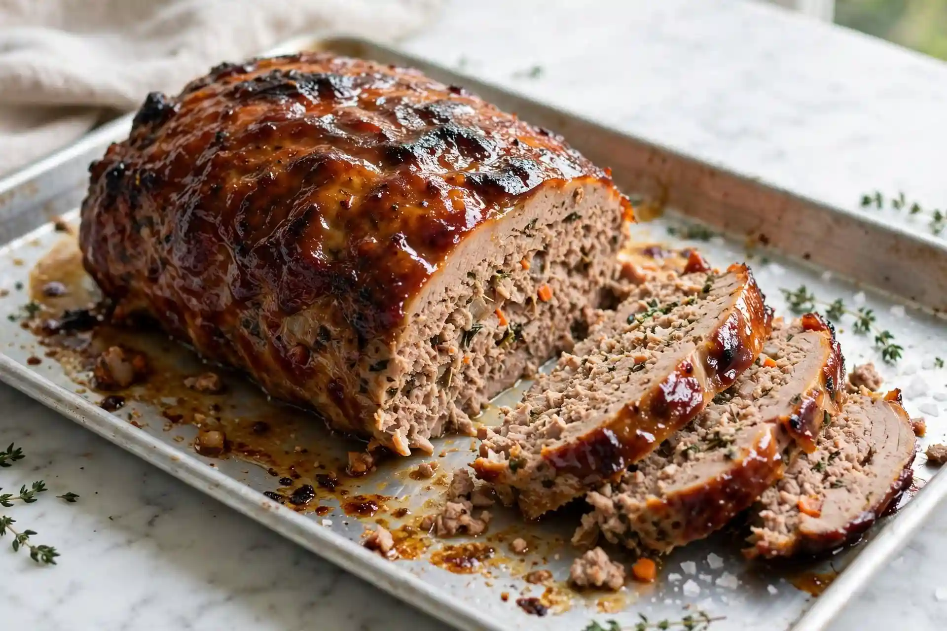 Turkey Meatloaf 5 whole glazed turkey meatloaf on a sheet pan with caramelized crust, overhead shot