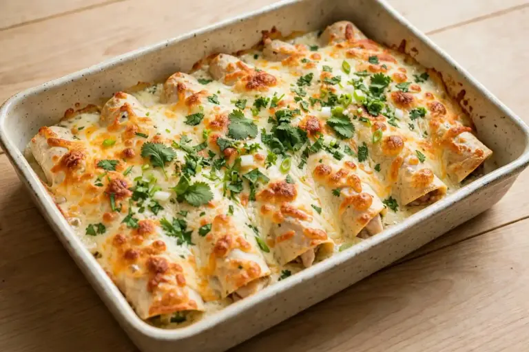 White Chicken Enchiladas 1 White chicken enchiladas in a baking dish topped with melted cheese and cilantro