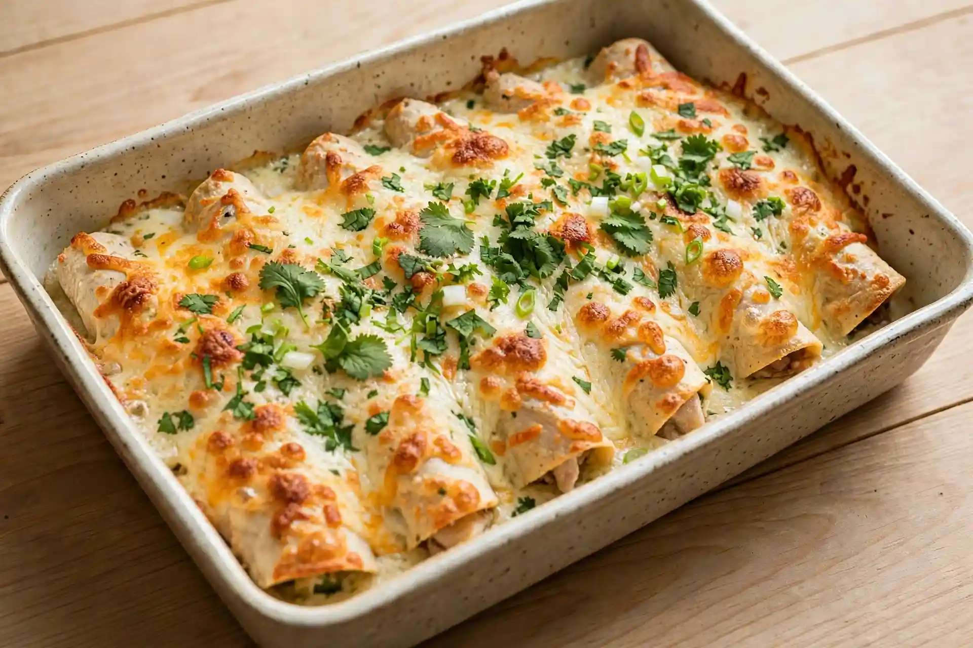 White Chicken Enchiladas 5 White chicken enchiladas in a baking dish topped with melted cheese and cilantro