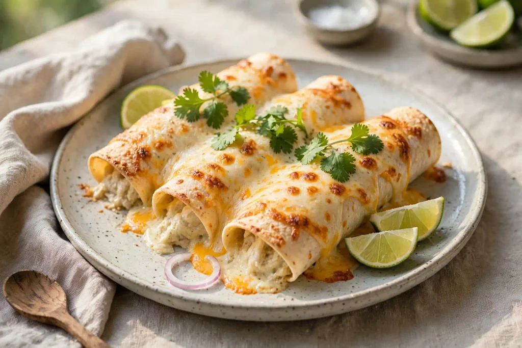 White Chicken Enchiladas 4 White chicken enchiladas plated with sauce and garnished with cilantro and lime