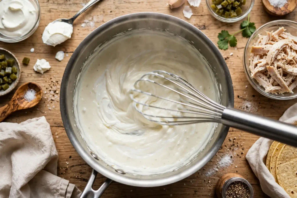White Chicken Enchiladas 3 Sour cream and roux-based white sauce being whisked smooth in a saucepan